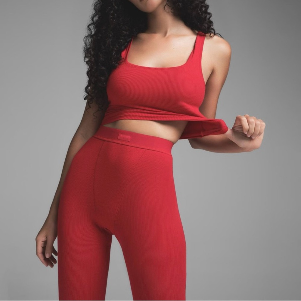 Skims Red Ribbed Crop Top and Leggings Set